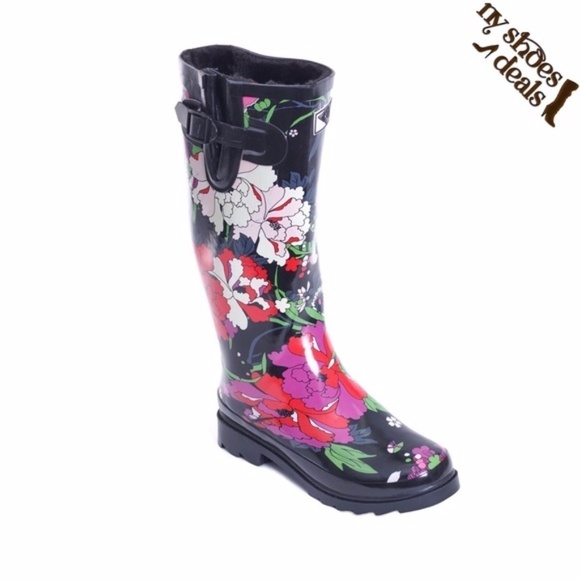 Women Rubber Rain Boots, Faux Fur Lining Rose Garden Rainboots - Picture 1 of 3